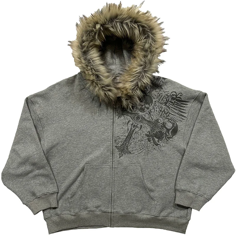 Herbst Winter Y2k Damen Ästhetische Harajuku Kunstpelzkragen Hoodies Kleidung Grafik Hip Hop Punk Gothic Zip-Up Hoodies 2026 Neu