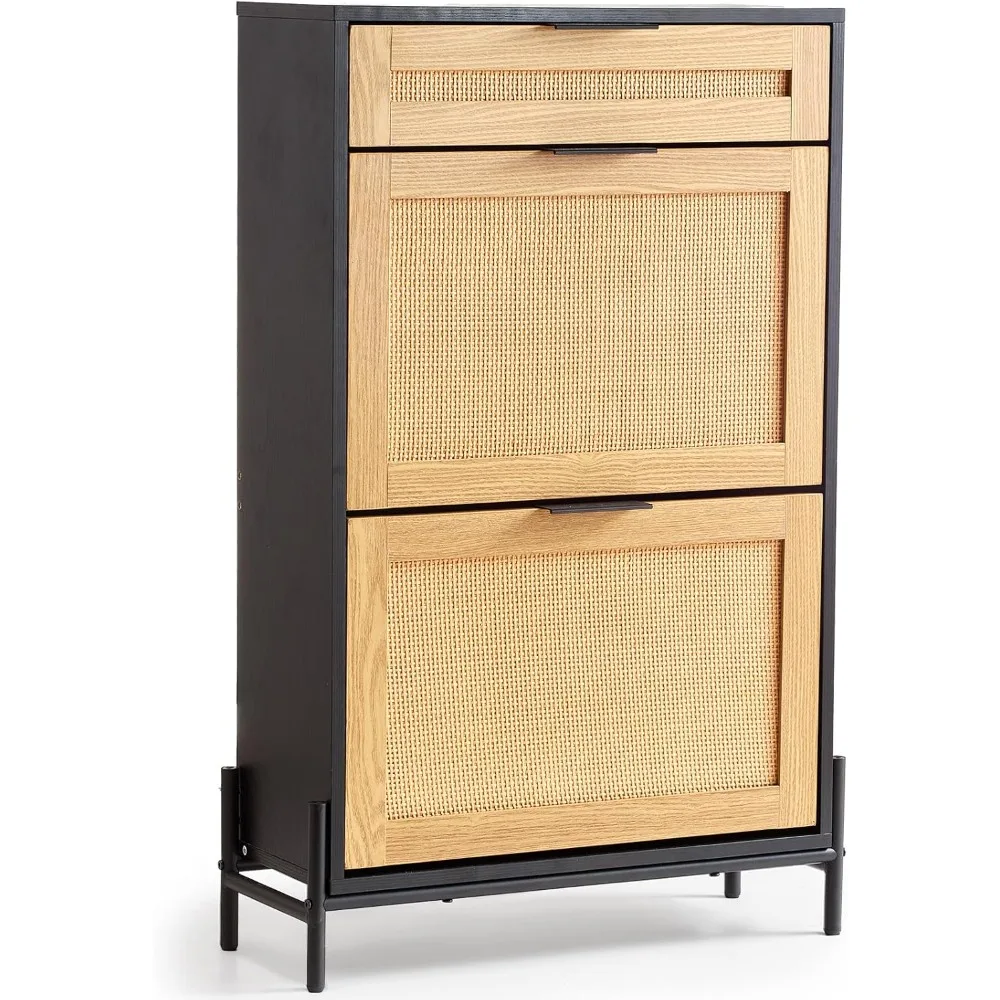 

Narrow Shoe Storage Organizer with 2 Flip Rattan Drawers & 1 Slide Drawer, Metal Legs, Slim Shoe Entryway Cabinet Ideal