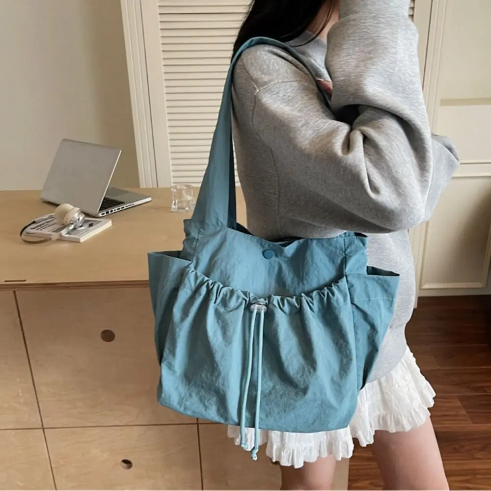 

Simple Nylon Shoulder Bag Lightweight Drawstring Tote Bag Versatile Design Single Shoulder Backpack Casual Outing Shopping