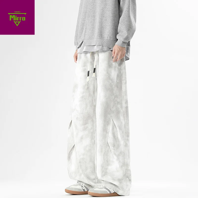

【Mirrordust】2025 Winter New Fleece Sweatpants Men Ink Spray Dyeing Wash Distressed Wide Joggers Grinding Edges Baggy Plush Pants