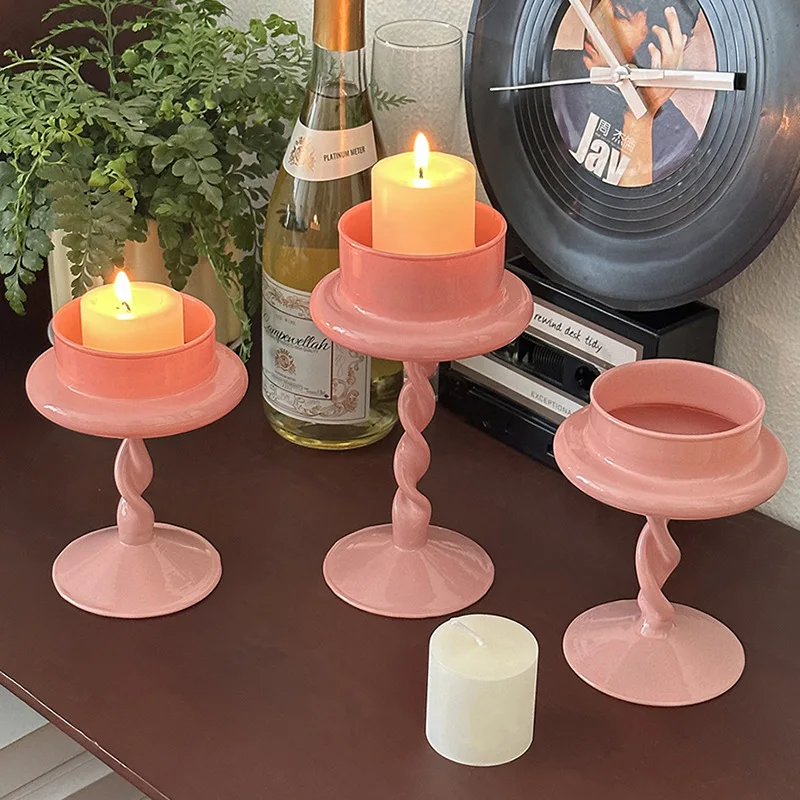 Nordic Design Pink Glass Candlestick Roman Column  Romantic Candle Holder Living Room Household Homestand Decoration Ornaments