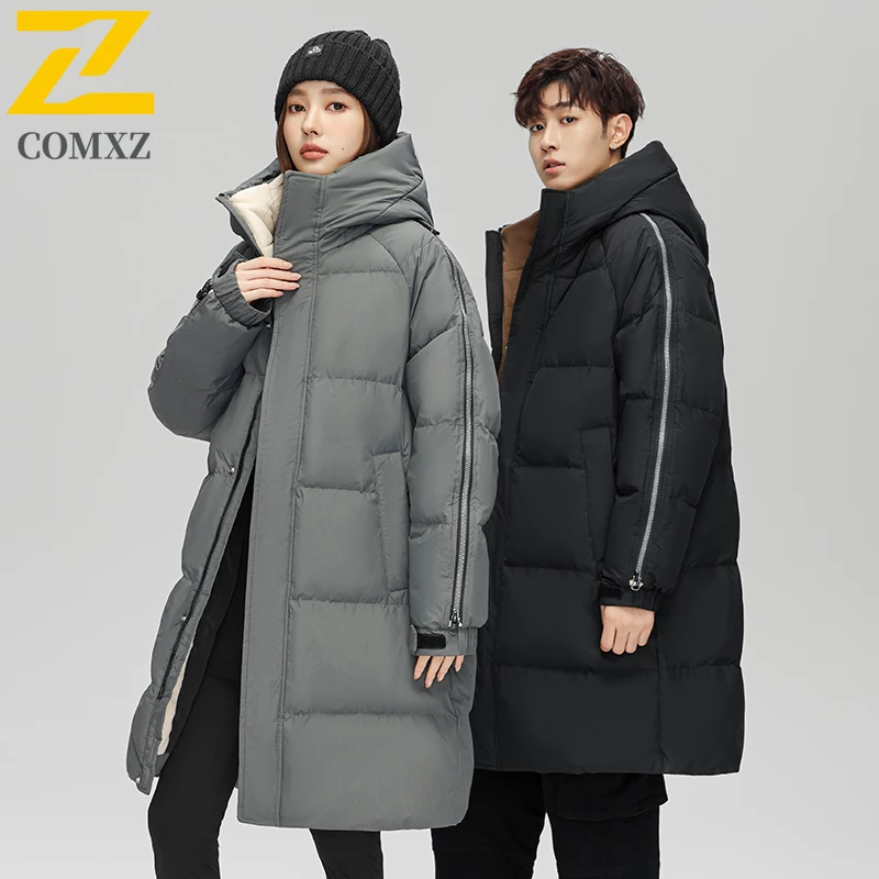 COMXZ Men Long Down Jacket High Quality 90 Percent Duck Down Skiing Warm Coat Fashion Zipper Design Hooded Winter Puffer Coat