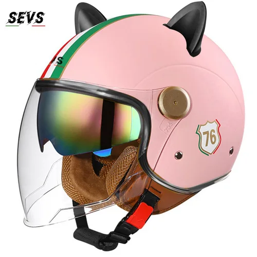Imagen 2 del producto Casco de motocicleta Retro 3C y DOT certificado media cara ABS casco doble visera protector solar oculto extraíble lindas orejas de gato