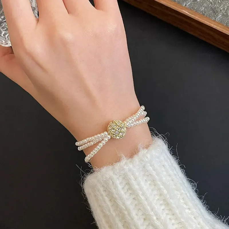 

Round Ball Diamond Sparkling Women's Bracelet Multi-Layered Imitation Pearl Luxury High Street Party Bracelet For Women Jewelry