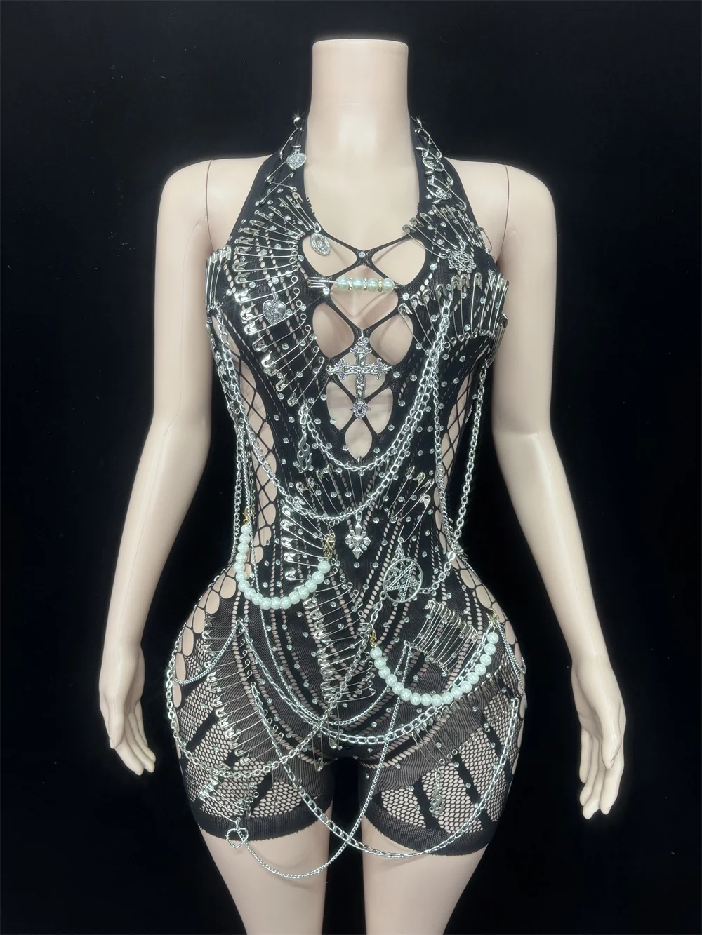 

Backless Performance Stage Outfit Nightclub Costume Women Sexy Halter Sleeveless Hollow Out Playsuit High Street Pin Decoration