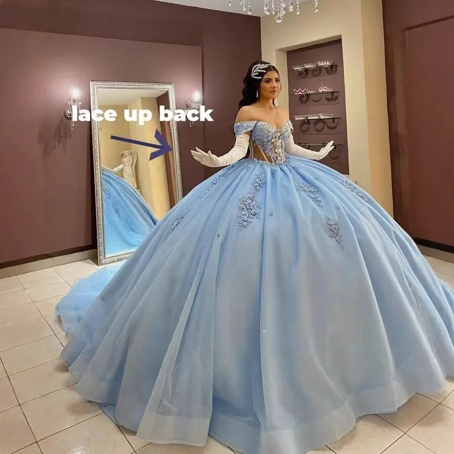 

2025 Off Shoulder Ball Gown Quinceanera Dresses Beading Crystal Lace Appliques Tull Sweet 16 15 Birthday Vestido De 15 Anos Prom