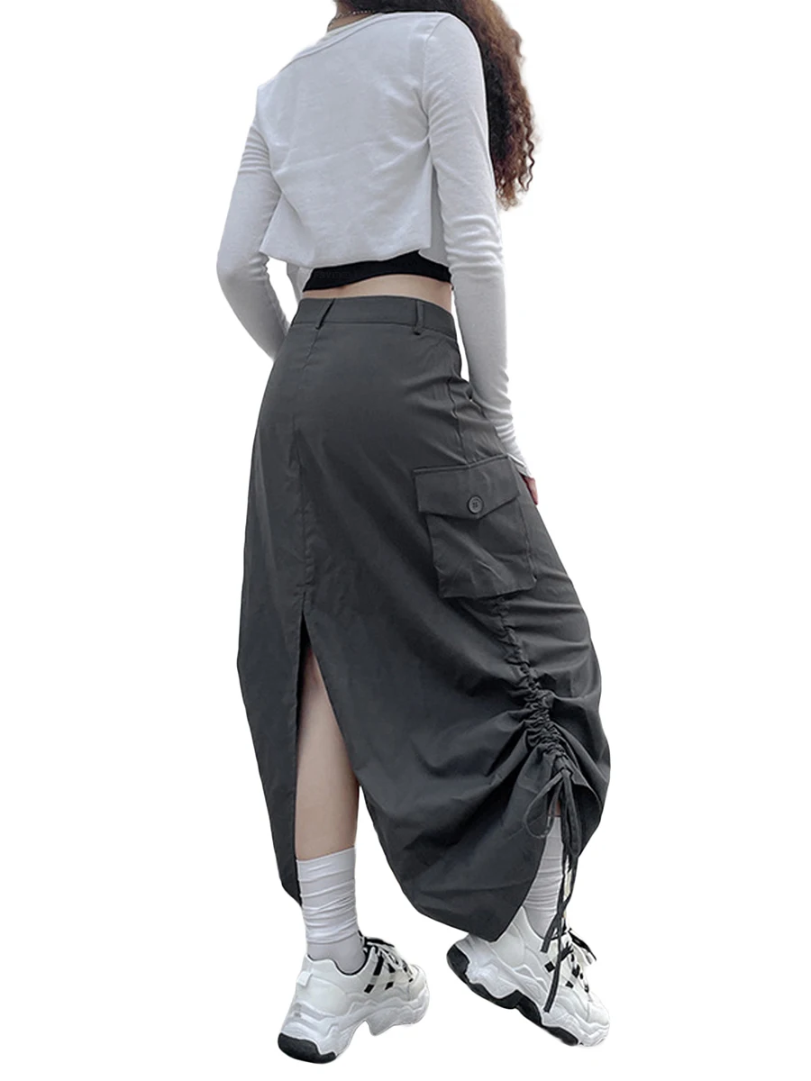 hirigin Retro Women Long Cargo Pocket Baggy Skirts Side Drawstring Low Rise Solid Pockets Hip Hop Straight Skirts Y2k Streetwear