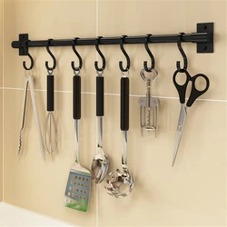 Punch-free Kitchen Hook Wall Hanger for Knife Spoon Pot Lid Holder Cooking Utensil Rack with Sliding Hooks Black Hanging Rod