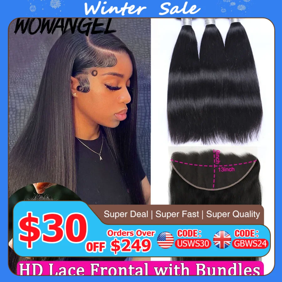 Wowangel 13x6 HD Lace Frontal с пучками человеческих волос 5x5 HD Lace Closure Melt Skins Бразильское прямое наращивание волос для женщин