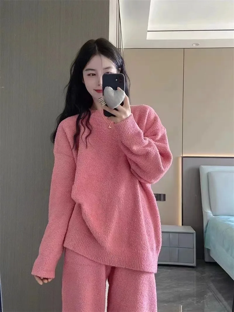 Autumn and Winter New Ms. Korean Senior Solid Color Pajamas Homewear Suit Girls Padded Thickened Plush Knitted Pajamas Homewear