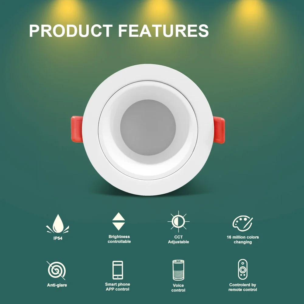 Gledopto Zigbee 3.0 Smart RGBCCT LED Downlight Pro 6W/12W Waterproof Rating IP54 Work With Tuya APP/Voice/RF Remote Control