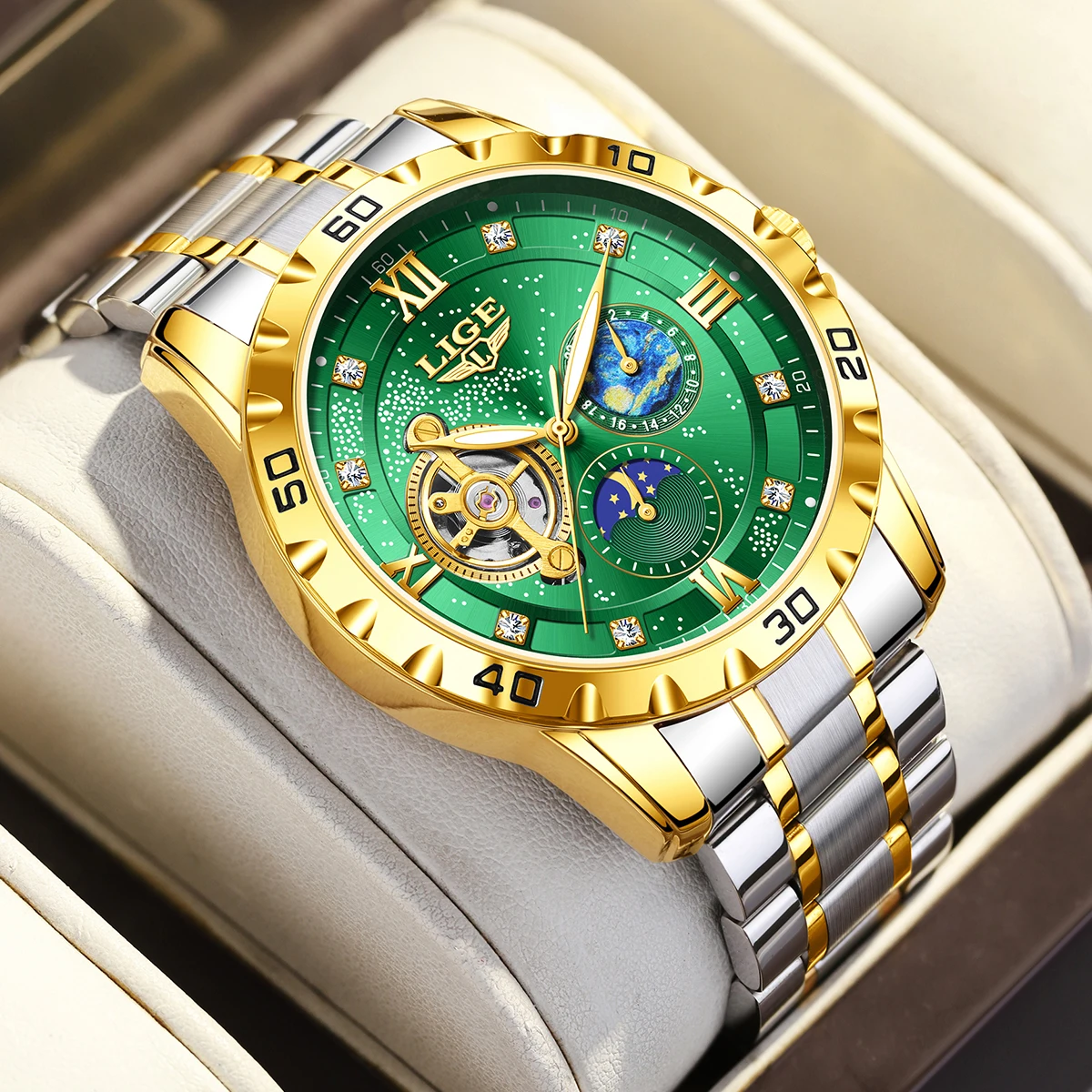 Reloj LIGE ساعات رجالية مضيئة الميكانيكية موضة الفولاذ المقاوم للصدأ مقاوم للماء relogios masculino ساعة فاخرة رجل ساعة + صندوق