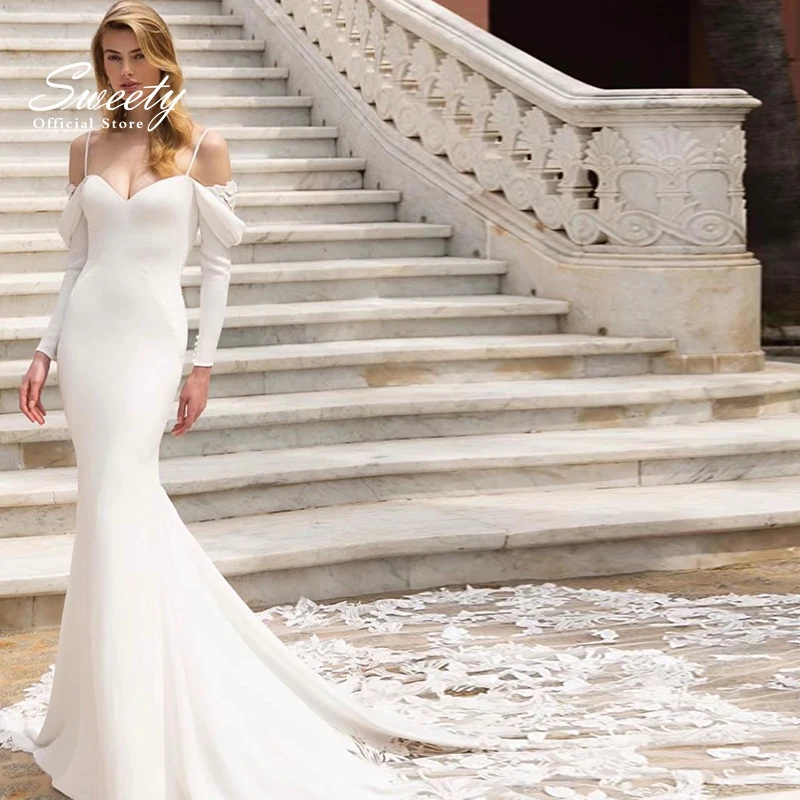 Abito da sposa modesto in organza di raso con abito da ballo a sirena con scollo a V a cuore e linea sottile ​ abiti da sposa a maniche lunghe Robes De Mariée