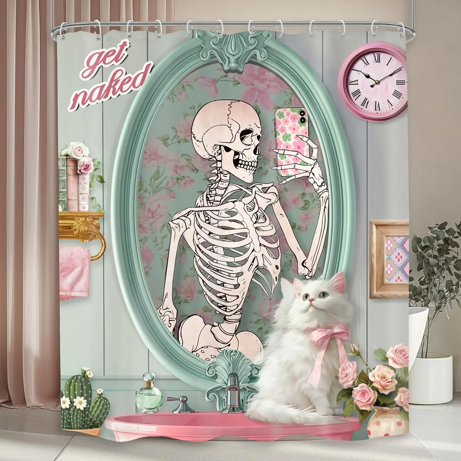 

Funny Skull Skeleton Shower Curtain Cute Cat Retro Kitten Animal Gothic Fun Floral Fashion Bathroom Decor Halloween Unique Cool