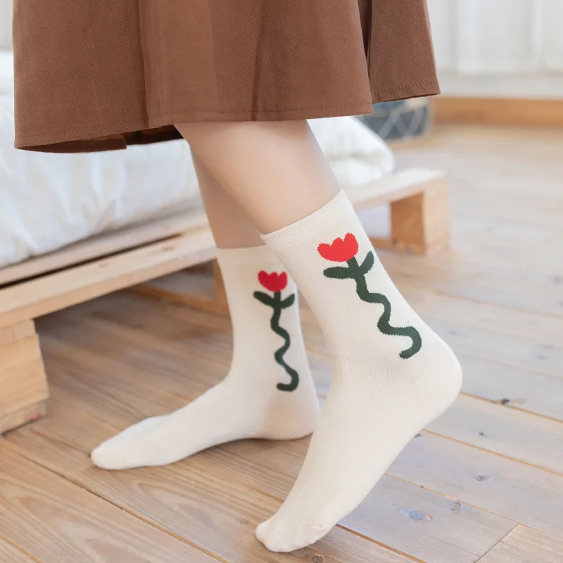 3 Pairs New Fashion Spring Autumn Cute Socks for Women Girls Panda Striped Flower Pattern Cotton Soft Middle Tube Sock