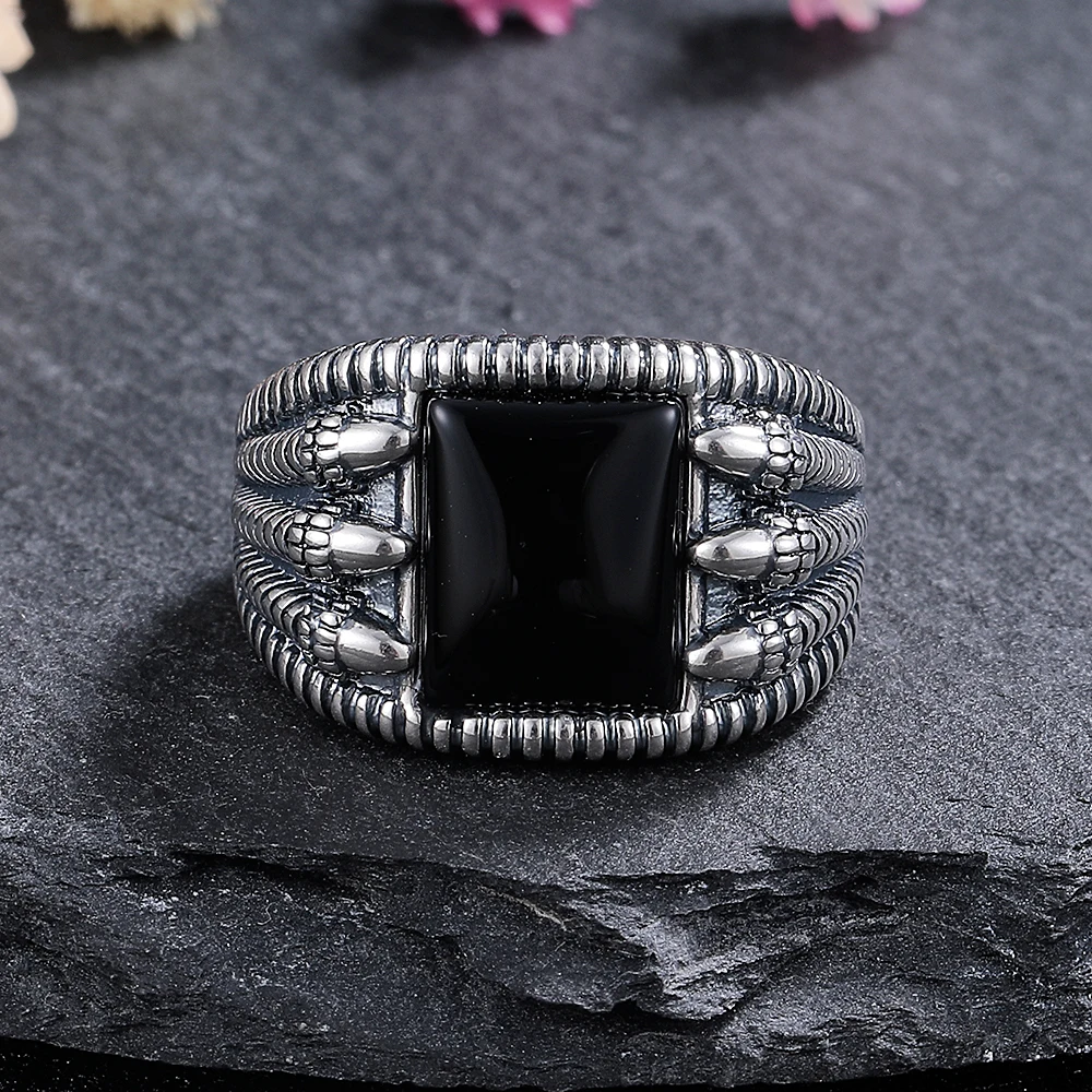 925 Sterling Silver Jewelry Ring Natural 8*10mm Square Claw Big Black Agate Stone Vintage Ring for Women Party Gifts