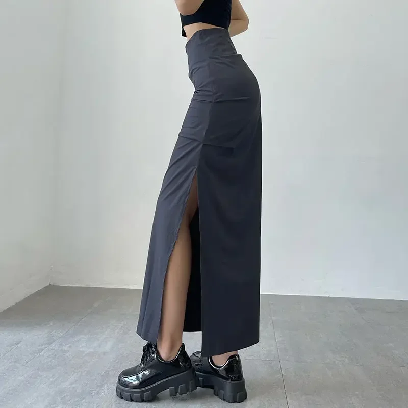 Maxi saias femininas de cintura alta sólida verão fenda lateral estilo retro americano minimalista vintage all-match básico faldas mujer