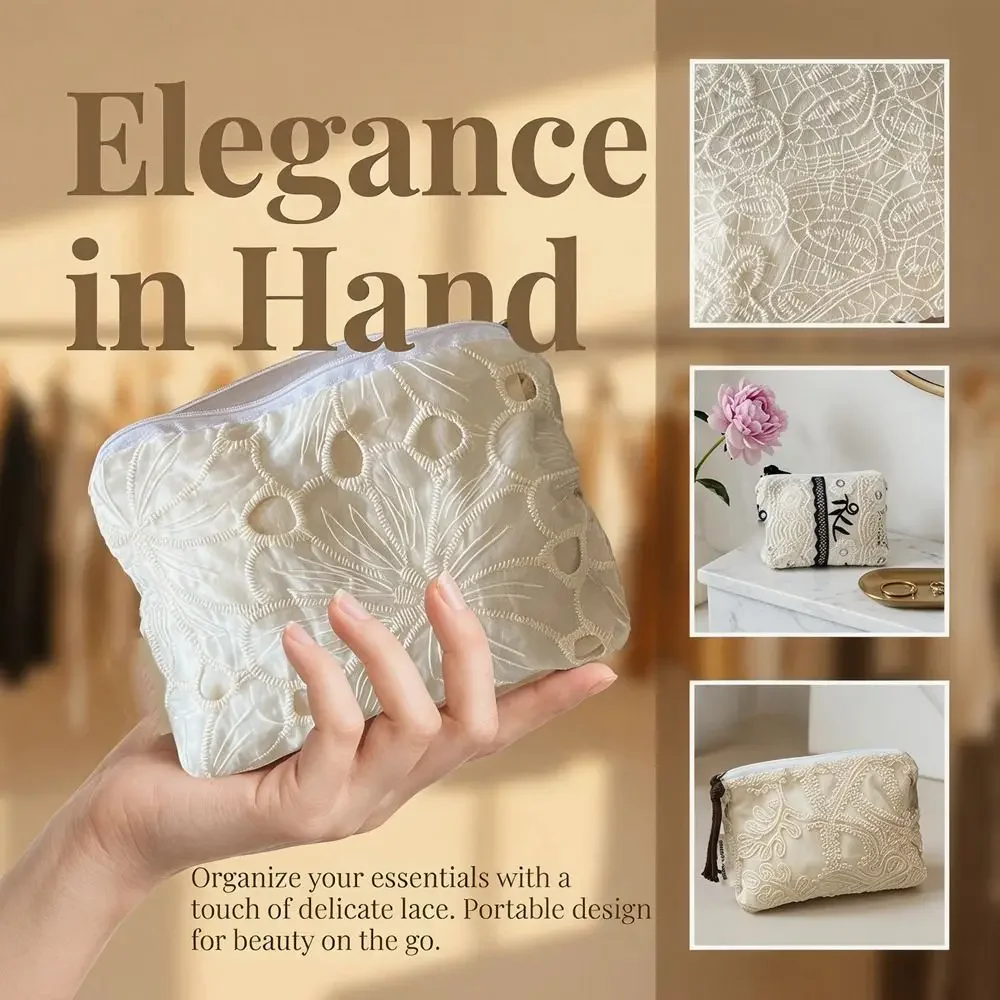 Organza Lace Embroidered Storage Bag Flower Cute Small Makeup Bag Embroidery Hand-Held Jewelry Storage Bag Cosmetics Bag