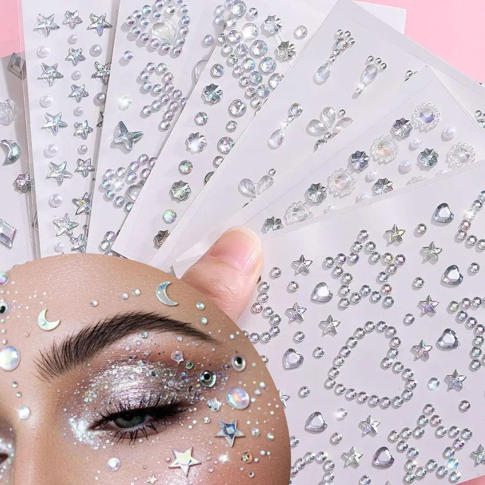 1 Sheet Laser Sparkling Star Diamond/Pearls Face Gems Stickers Heart Moon Rhinestones for Eyes/Face Stickers Temporary Tattoos view 5