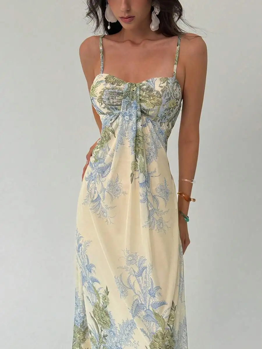 

Women Floral Print Ruched Casual Vacation Maxi Slip Dress Summer