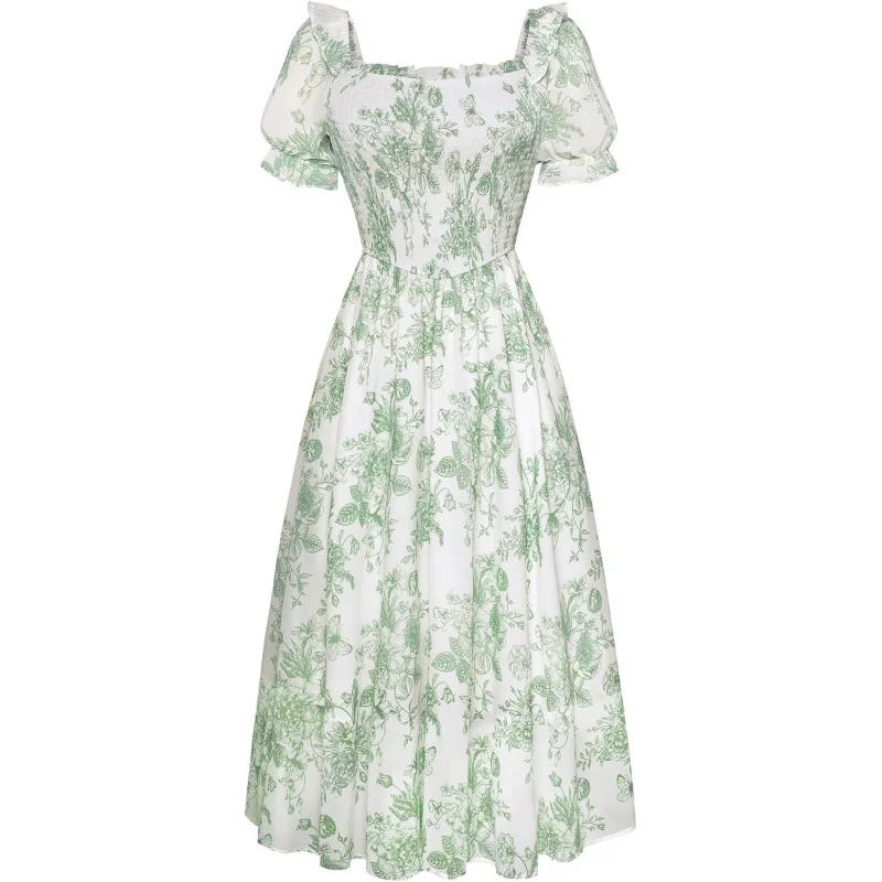 Vestido Floral para Mujer, Verano, Manga Abullonada, Cuello Cuadrado, Línea A, Fluido, para Invitadas de Boda, Fiesta de Té