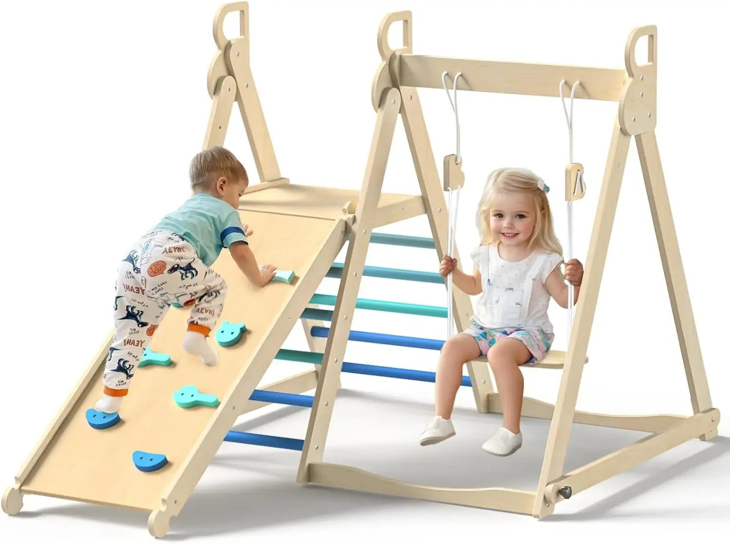 

4 in 1 Indoor Jungle Gym, Foldable Wooden Climbing Set with Swing, Slide, Ladder and Climbing Wall, Montessori Philosophy Climbe