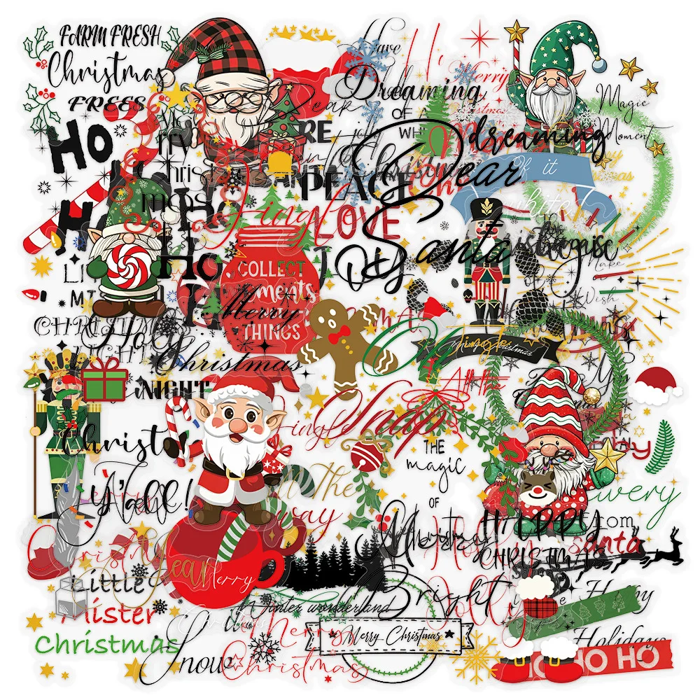 50pcs Christmas Stickers, Cartoon Transparent PET Waterproof Decals for Laptop Phone Journal Pencil Case Water Bottle DIY Decor