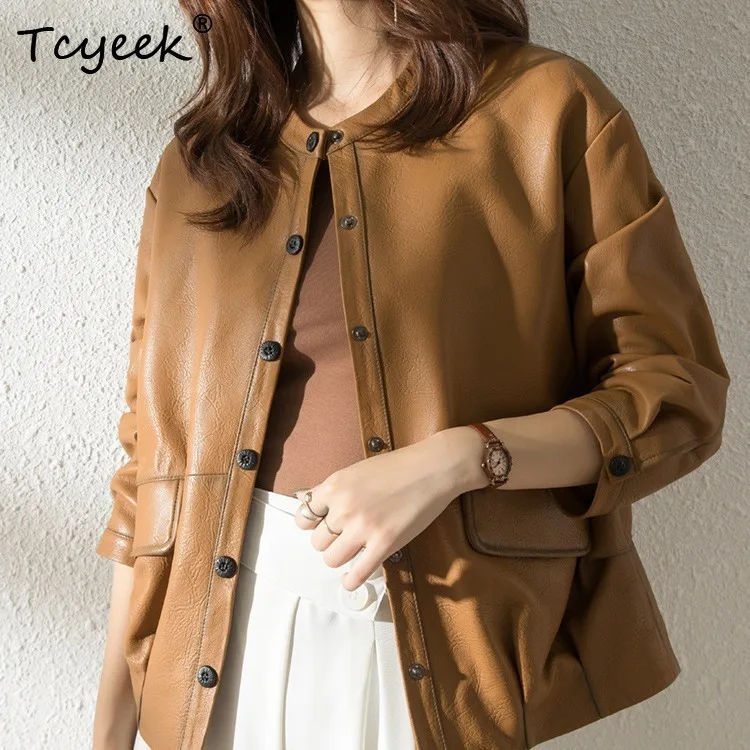 Tcyeek Morbida pelle di pecora Primavera Autunno Alla moda Breve Locomotiva Girocollo Giacca in vera pelle da donna Ж Dönishiжаglas Куртка