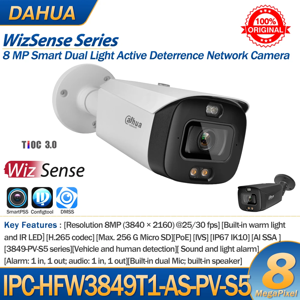 Dahua IP Camera 8MP IPC-HFW3849T1-AS-PV S5 Series Dual Light Active Deterrence Bullet WizSense Built-in MIC and Speaker AcuPick