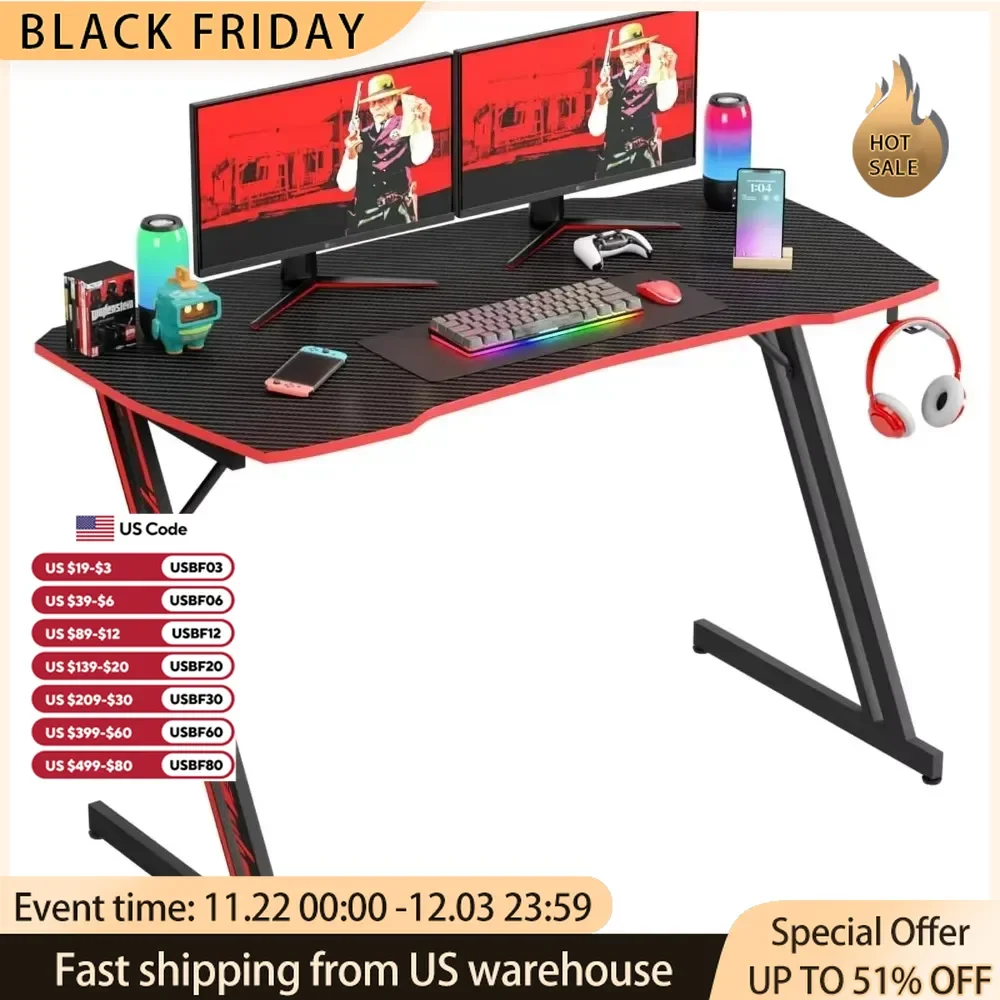 Modern Z-Shaped Gaming Desk Computer Desk for Home Office with Headphone Hook - Sturdy Workstation Table with Spacious Desktop