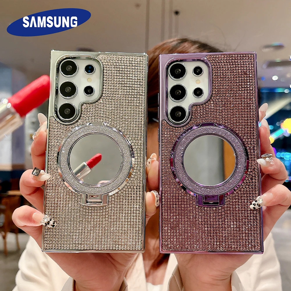 

Plating Glitter Rhinestone Mirror Bracket Stand Case Samsung S25 S24 S23 Ultra S25 S24 S23 Plus Diamond Shockproof Bumper Cover