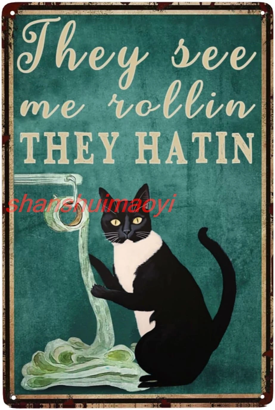 MAI Funny Cat Signs Cat Wall Decor Cat Art Gifts for Cat Lovers, They See Me Rollin They Hatin Signs, Bathroom Signs Decor, Vin