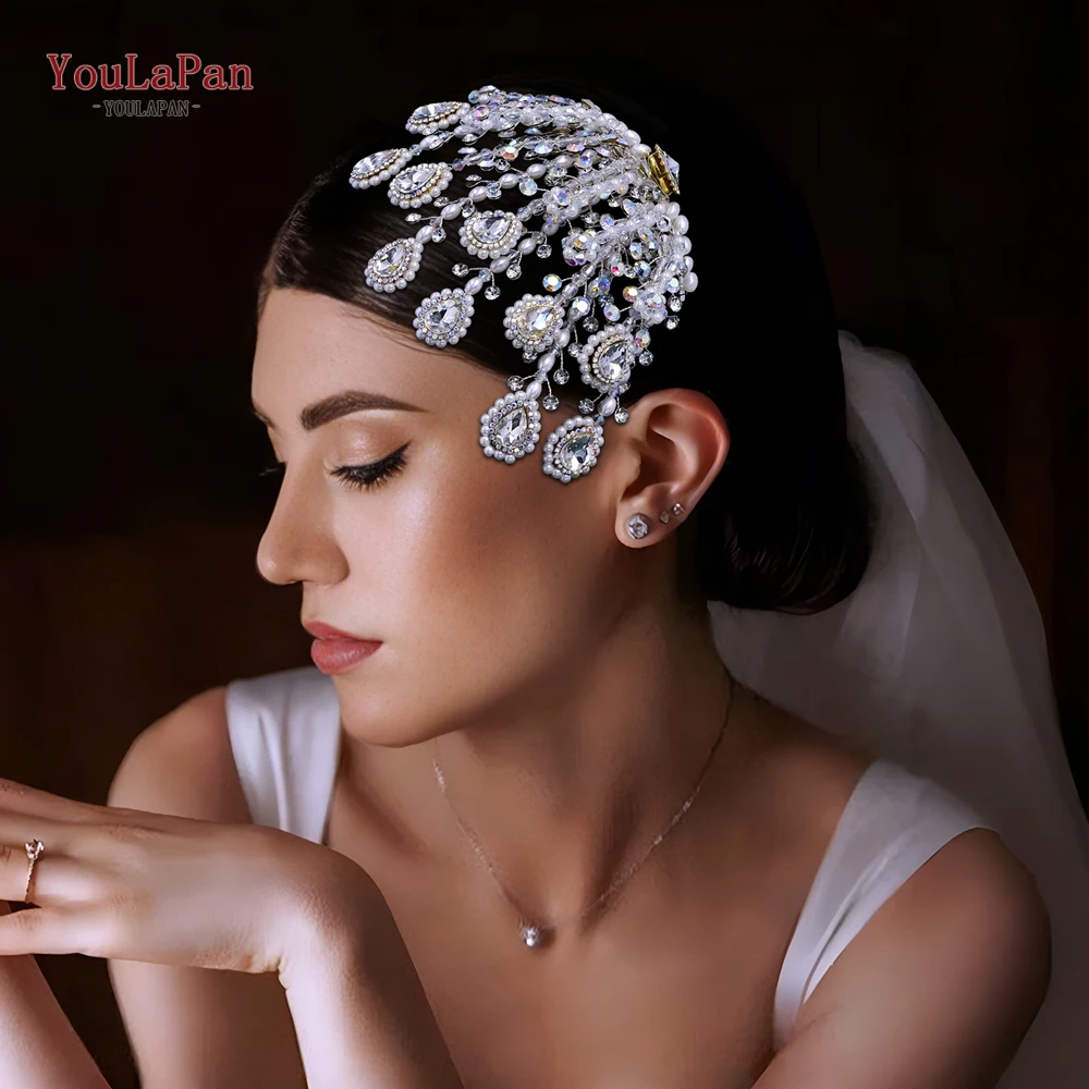 YoulaPan-Bling Pente De Cabelo De Cristal Para Mulheres, Headband De Casamento, Acessórios De Cabelo, Adorno De Casamento, Artesanal Frisado, HP716