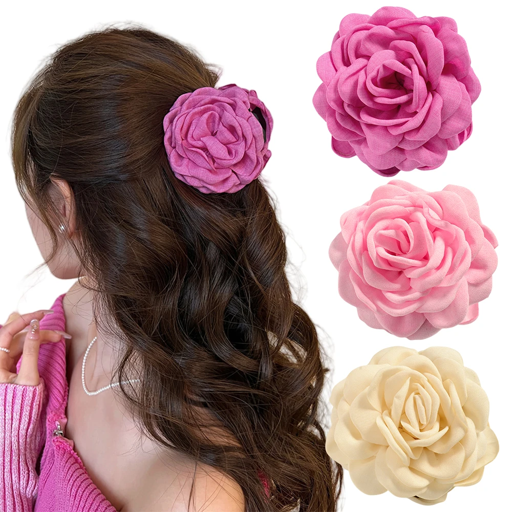 3pcs Cotton Fabric Rose Flower Hair Claw Clips for Women Korean Ctach Shark Clamp Hair Accessories Rose Blossom Catching Clip