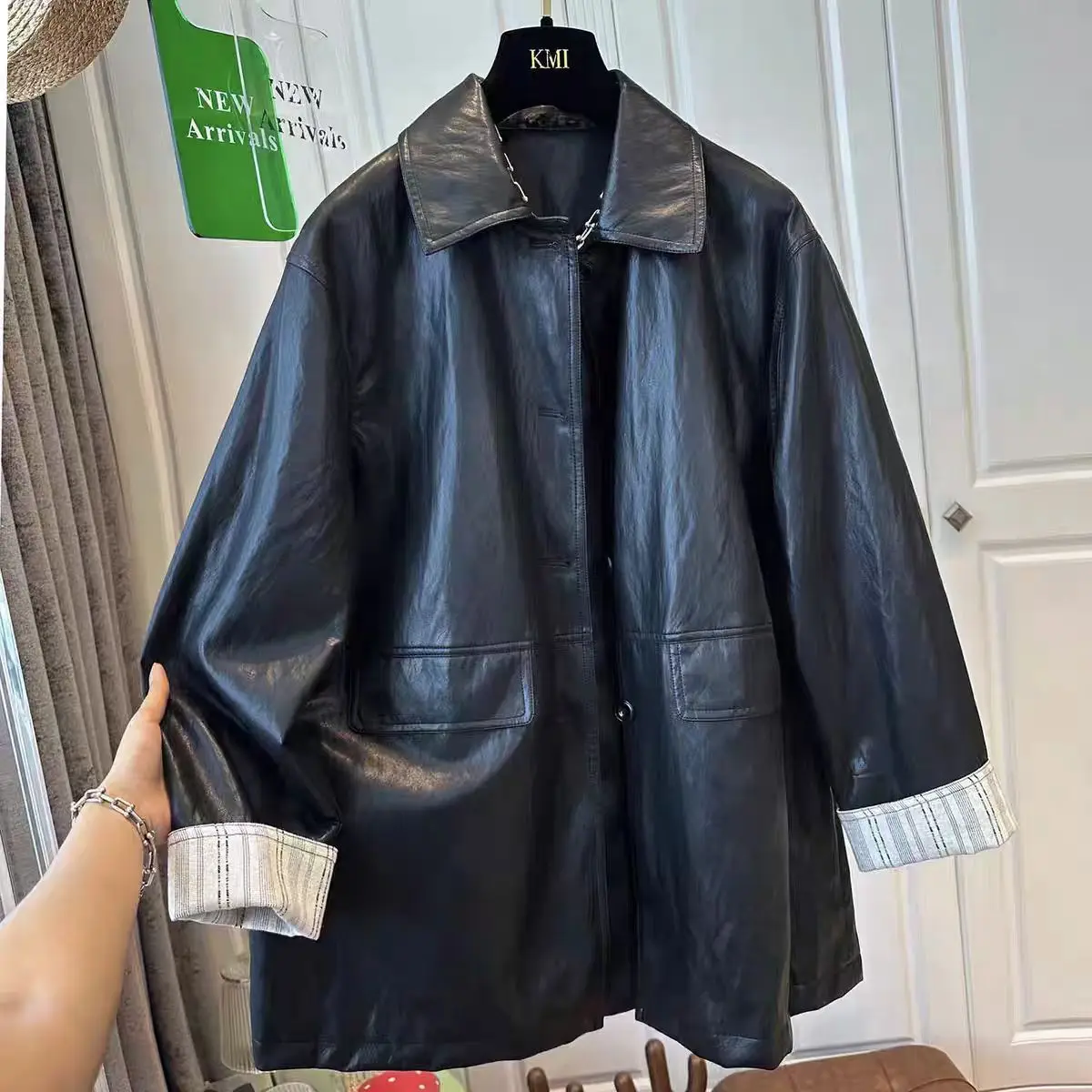 Veste en cuir surdimensionnée pour femmes, veste en cuir PU à col rabat, nouvelle collection printemps et automne 2025