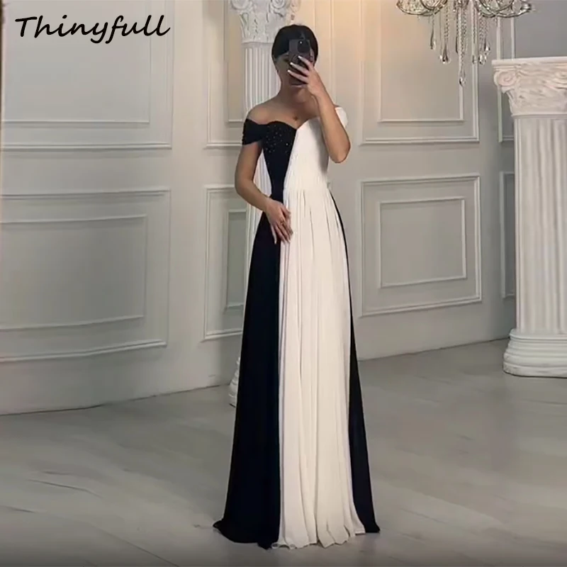 

Thinyfull Black/White Chiffon A-line Prom Dress Off Shoulder Sweetheart Dubai Evening Dress Special Occasion Gown Customized