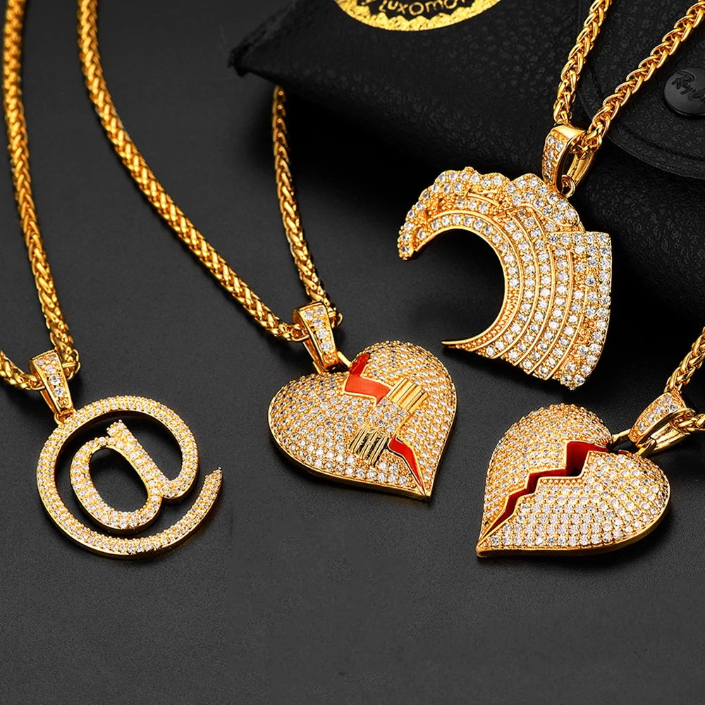 Gold Color Luxury Iced Out Pendant Necklaces Full CZ Inlaid Breaking & Mending Heart @ At Sign Spindrift Charm Hip Hop Jewelry