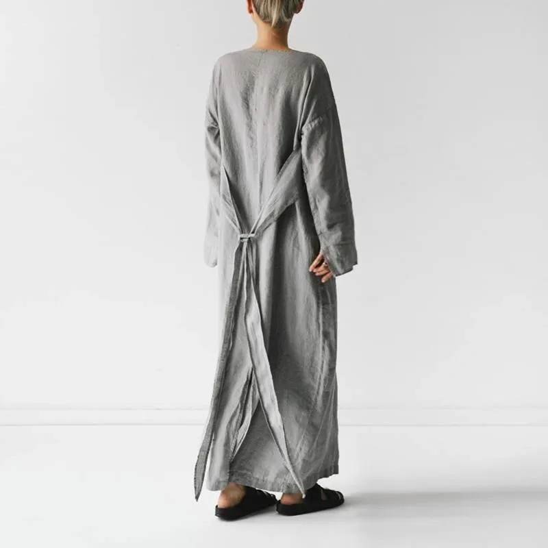 

Fall Long Sleeve Loose Cotton Linen Dress Women 2024 Fashion Casual Solid New Lace-up Bow Maxi Dresses Elegant Vestidos