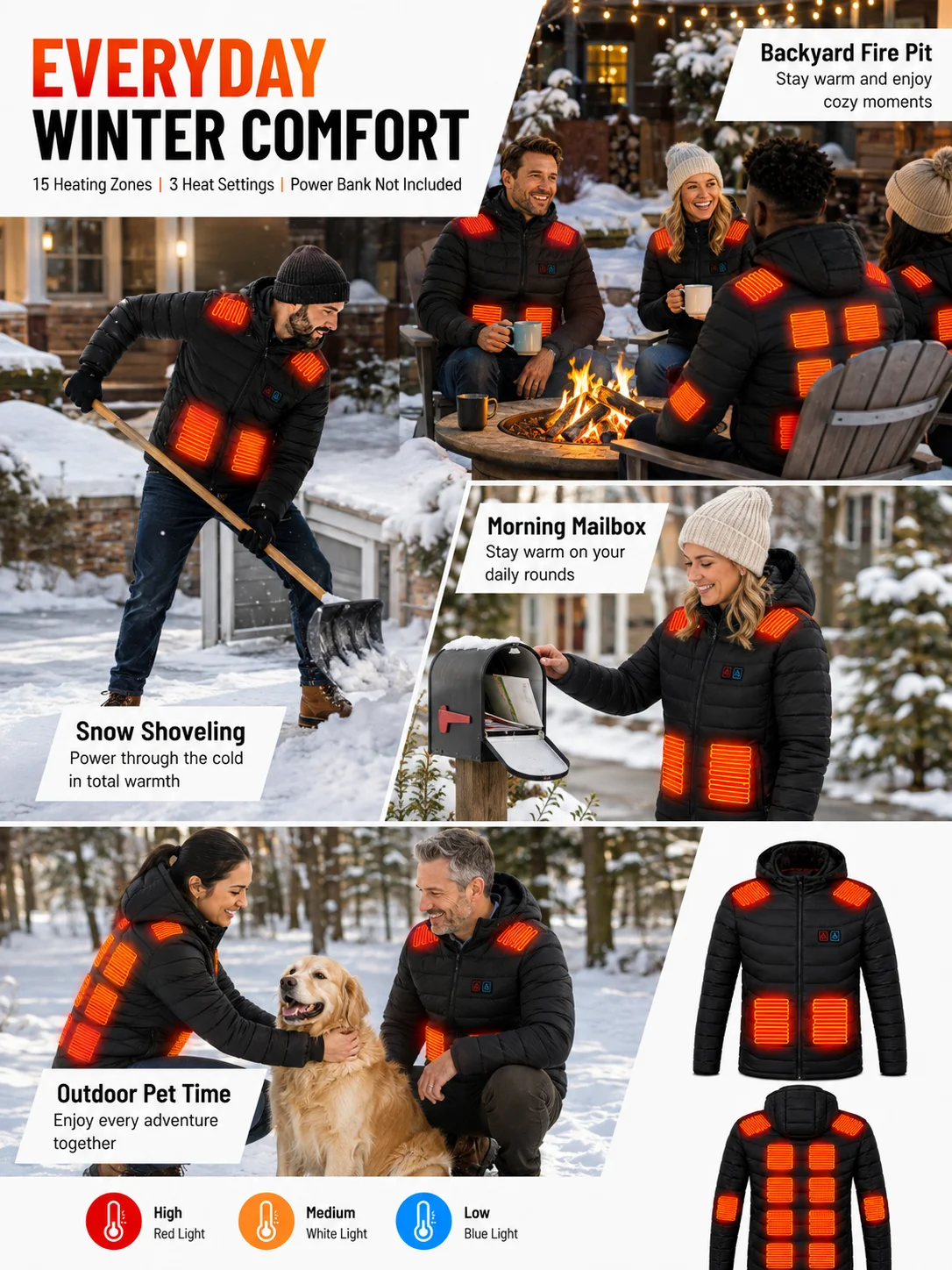 Men'S Heated Jacket with 3 Heat Settings, 15 Heating Zones, Hooded Winter Coat for Casual Outdoor Wear - Black, Polyester, Long Sleeve, Zip-Up, Four Control Buttons, Warmth for Autumn and Winter, Heated Jacket view 4