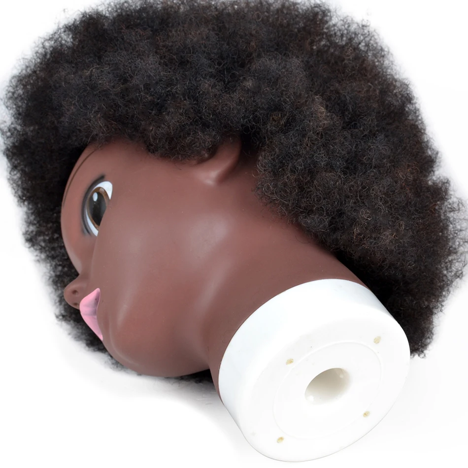 Африканская голова манекена со 100% человеческими волосами, вьющиеся волосы, красивая голова манекена с подставкой для практики плетения волос
