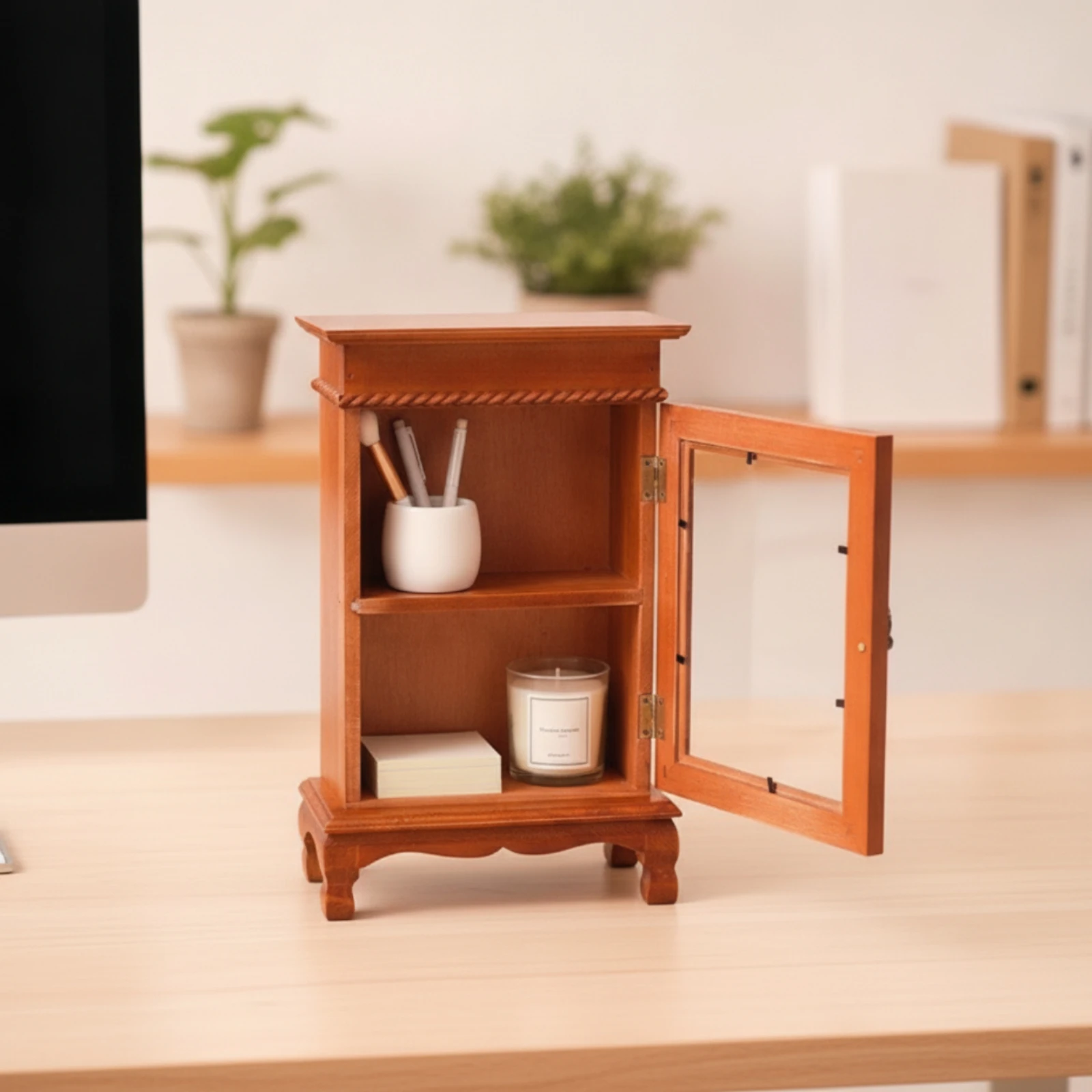 Freestanding Wooden Organizer with Shelf Dust-Proof Wooden Desktop Display Cabinet Display Case with Glass Door Transparent