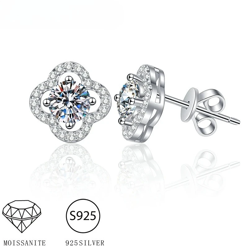 

925 Sterling Silver D Color Moissanite Stud Earrings for Women Flower Four-leaf Clover Style 1CT Wedding Fine Jewelry Gifts