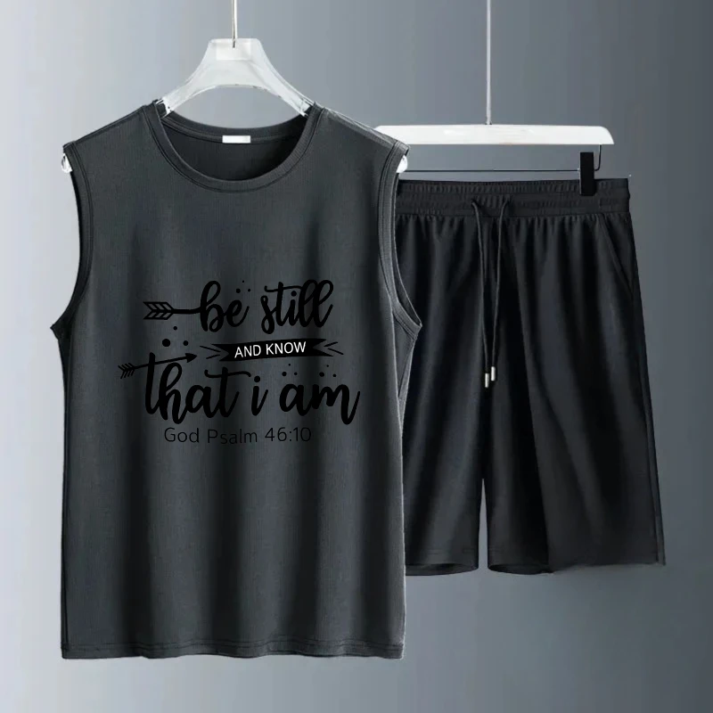 بدلة صدرية رجالية صيفية بدون أكمام مطبوعة Be Still تانك القمم + شورت بدلة تدريب مجموعة الرجال طقم بدلات رياضية مكون من قطعتين سريع #2