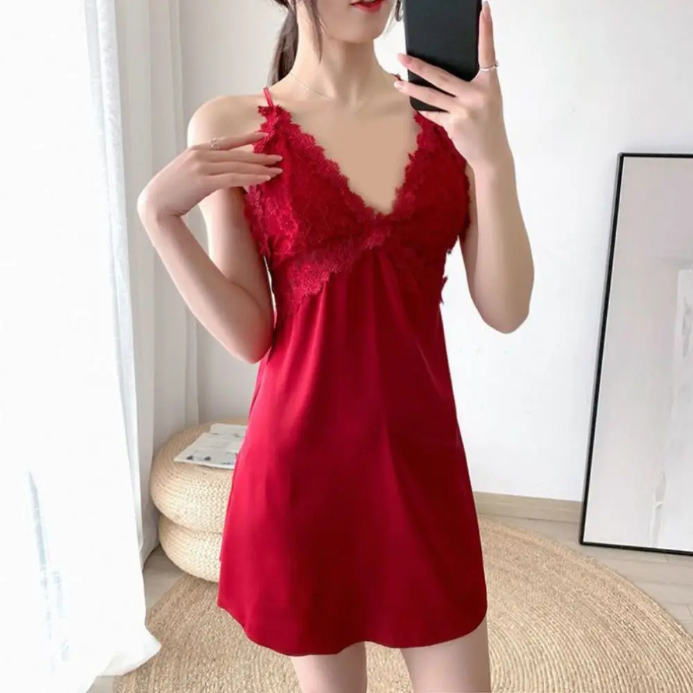 

Lace Women's Pajama Dress Hollow Out Dress with Pads Ice Silk Suspender Nightdress Thin Sleepwear Slim Sling Nightgown Home