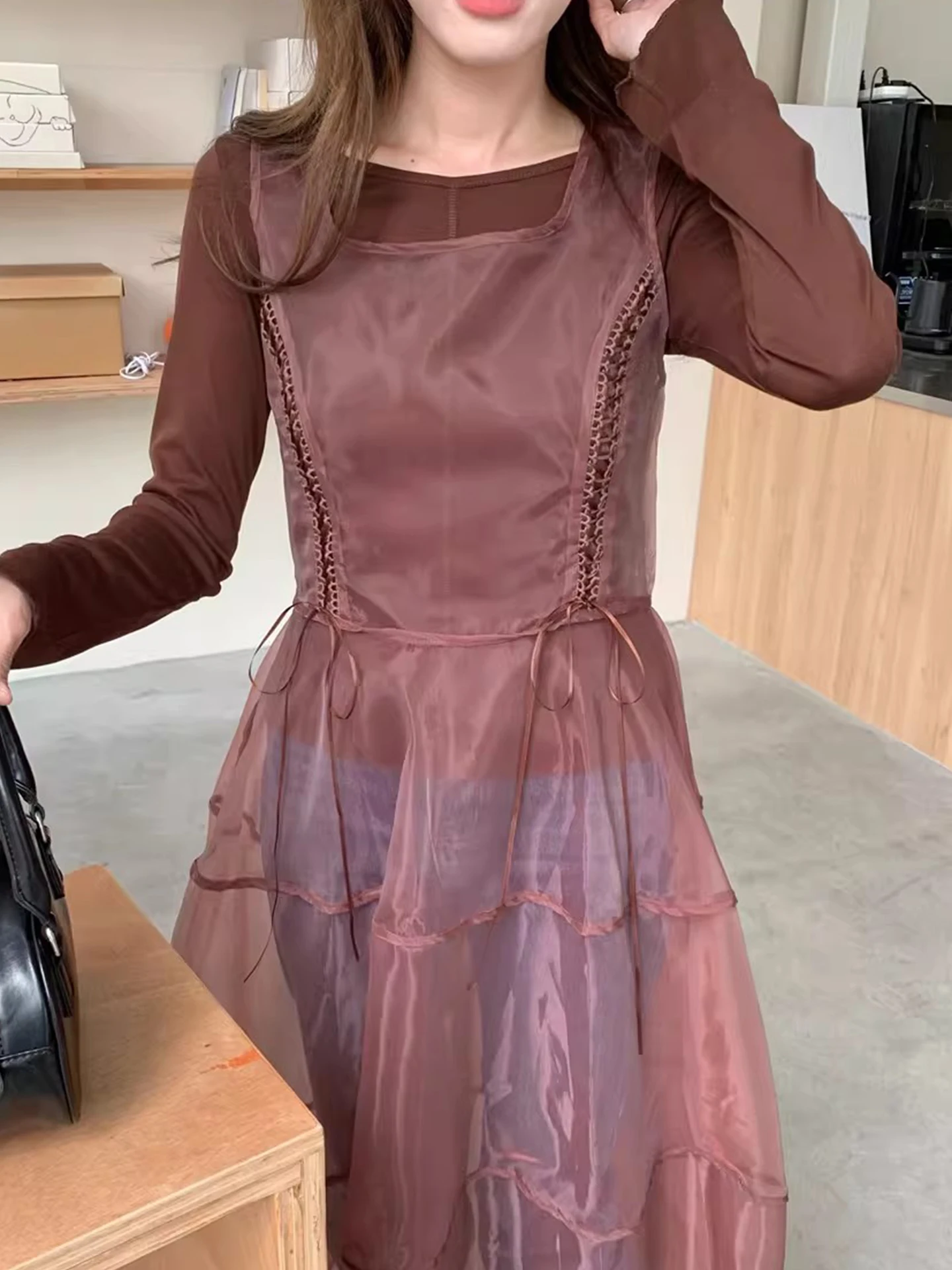 

Fashionable round Neck Long Sleeve T-Shirt And Transparent Organza Dress Set Women's Summer New Style Two-Piece Set Commute S...
