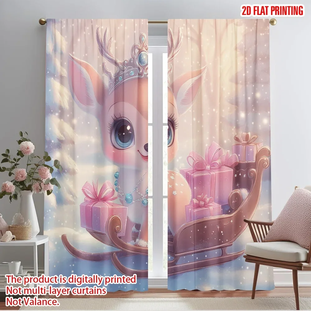 2pcs,2D plane printing Creative Curtains Cute Pink Deer Sleigh Gifts (3) Versatile Polyester Fabric (without rod) Art Deco
