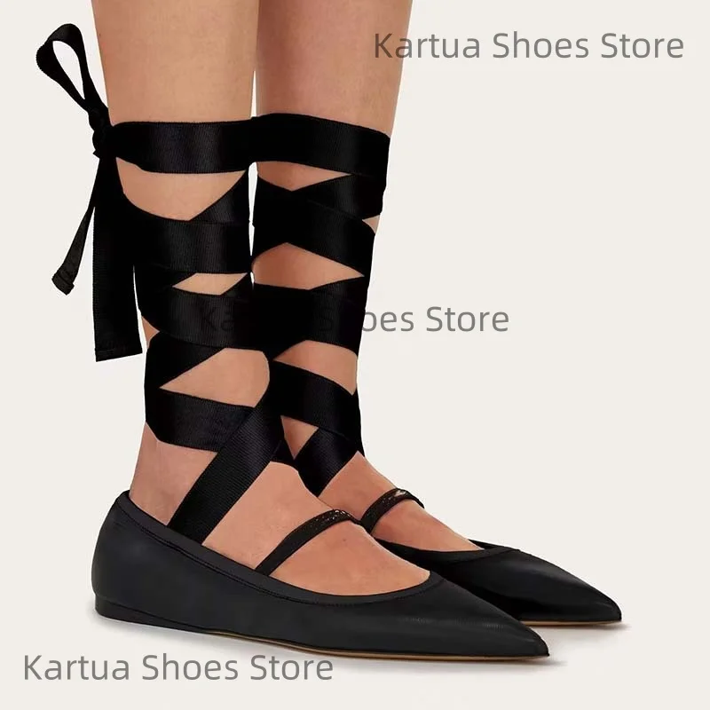 

Women's Pointed Toe Flat Slip-On Silk Ballet Mary Jane Shoes Cross Strap Ankle Design Retro Plus Size Lady Shallow Single Shoe