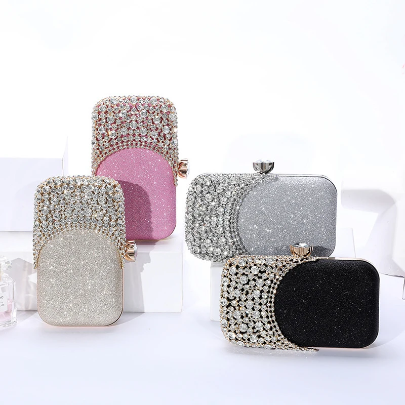 Diamond-embellished evening clutch, dress clutch, sparkling party handbag, cheongsam handbag, makeup bag