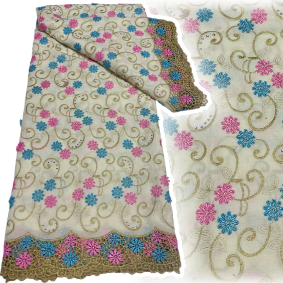 3d Bloemen Applique Voile Kant Stof Kwaliteit Nigeriaanse Afrikaanse Katoenen Stof met Stenen voor Vrouwen Avond Jurken SZ1355