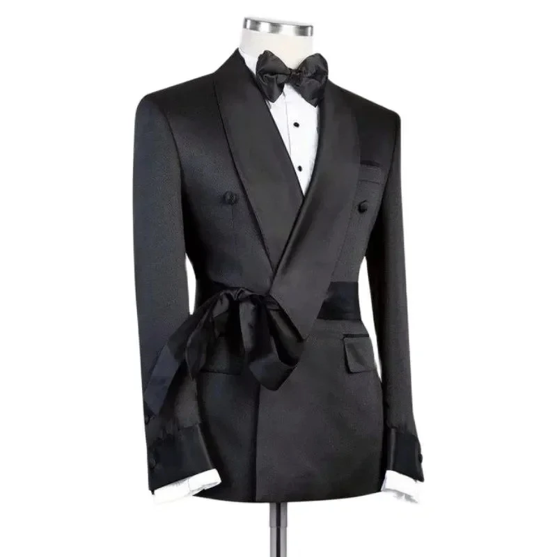 Men\'s Jacket Black Belt Shawl Lapel Slim Fit Double Breasted Clothing Groomsmen Suit New Fashion Business Wedding Tuxedo Blazer